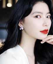 Modern Purple Stergild Silver Overgild Crystal Petal Stud Earrings
