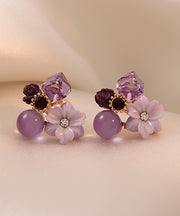 Modern Purple Stergild Silver Overgild Crystal Petal Stud Earrings