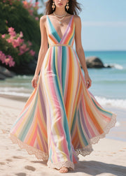 Modern Rainbow Patchwork Exra Large Hem Chiffon Vacation Dress Summer