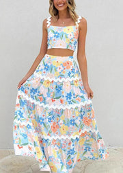 Modern Rainbow Patchwork Vest And Maxi Skirts Two Pieces Set Sleeveless