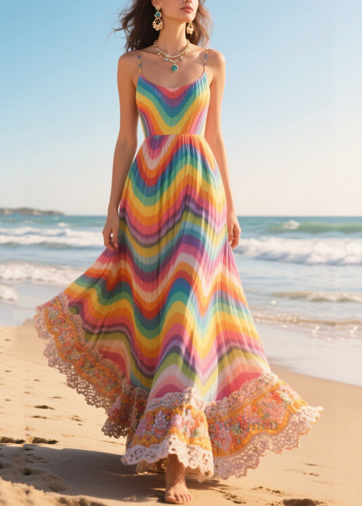 Modern Rainbow Striped Patchwork Exra Large Hem Chiffon Cami Dresses Summer