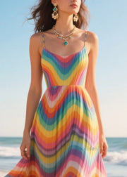 Modern Rainbow Striped Patchwork Exra Large Hem Chiffon Cami Dresses Summer