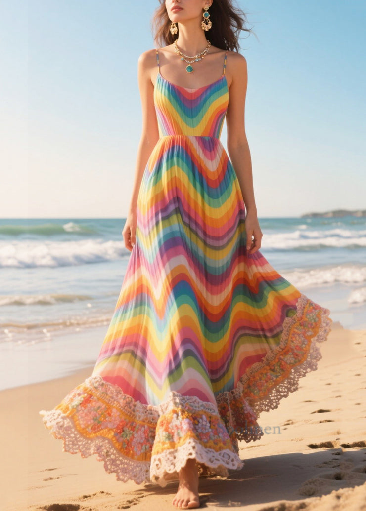 Modern Rainbow Striped Patchwork Exra Large Hem Chiffon Cami Dresses Summer