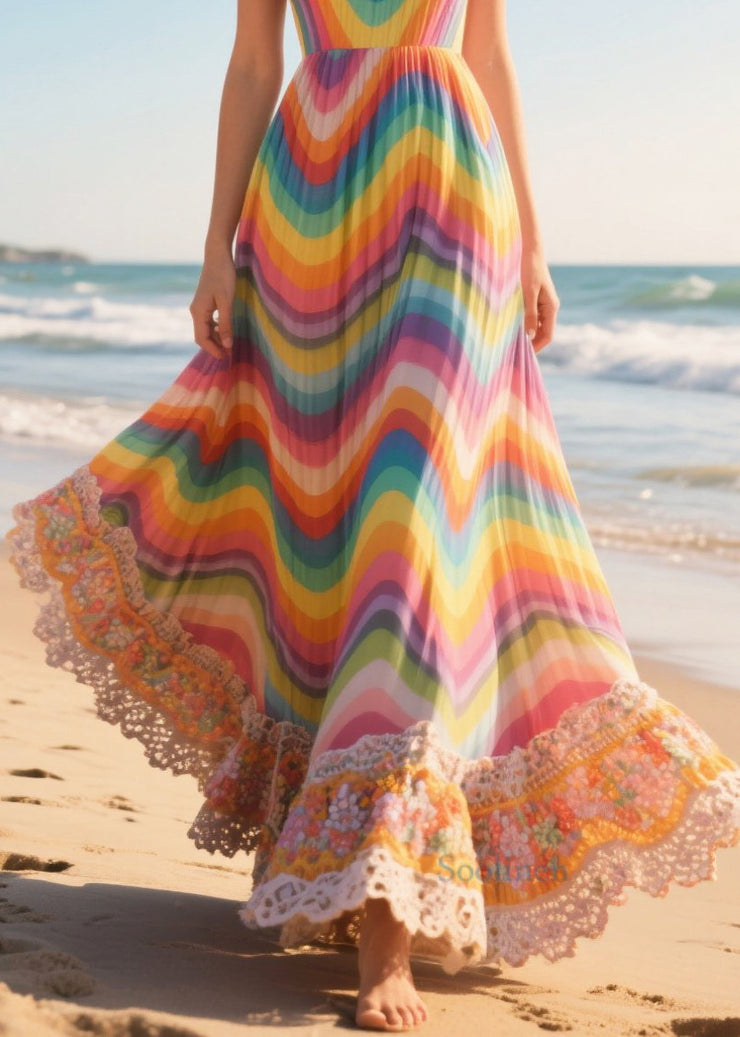 Modern Rainbow Striped Patchwork Exra Large Hem Chiffon Cami Dresses Summer