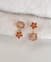 Modern Red Alloy Resin Floral Cat Drop Earrings