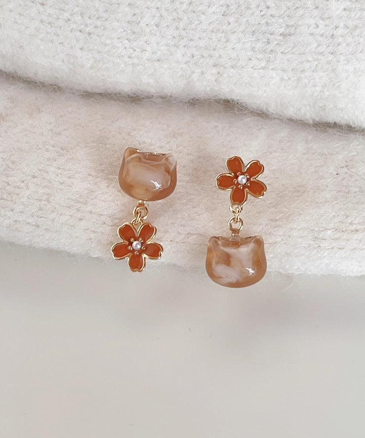 Modern Red Alloy Resin Floral Cat Drop Earrings