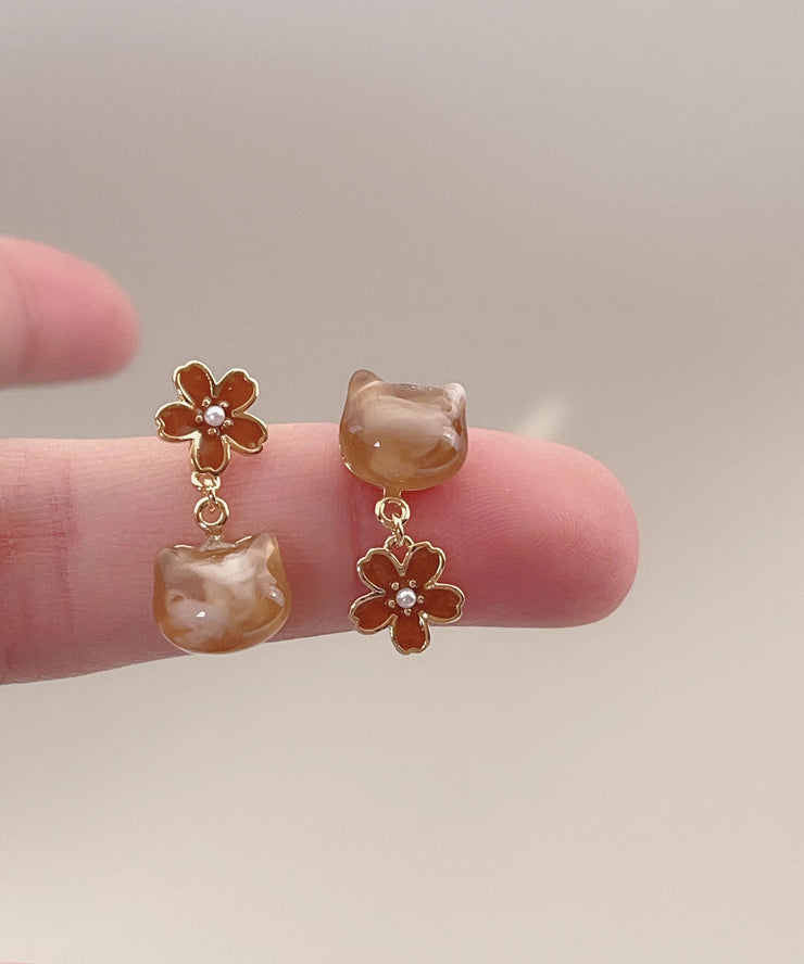 Modern Red Alloy Resin Floral Cat Drop Earrings