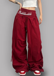 Modern Red Asymmetrical Elastic Waist Cotton Pants Fall