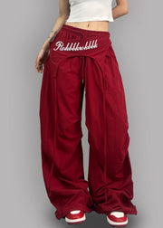 Modern Red Asymmetrical Elastic Waist Cotton Pants Fall