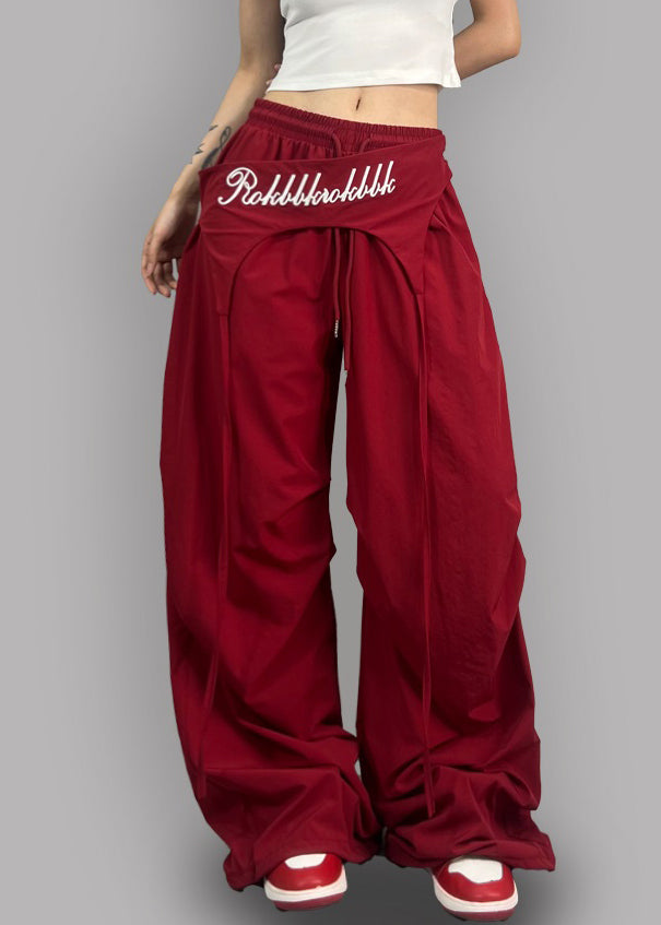 Modern Red Asymmetrical Elastic Waist Cotton Pants Fall