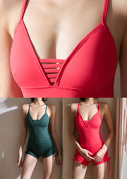 Modern Red Drawstring Hollow Out Modal Cotton One Piece Workout Suit