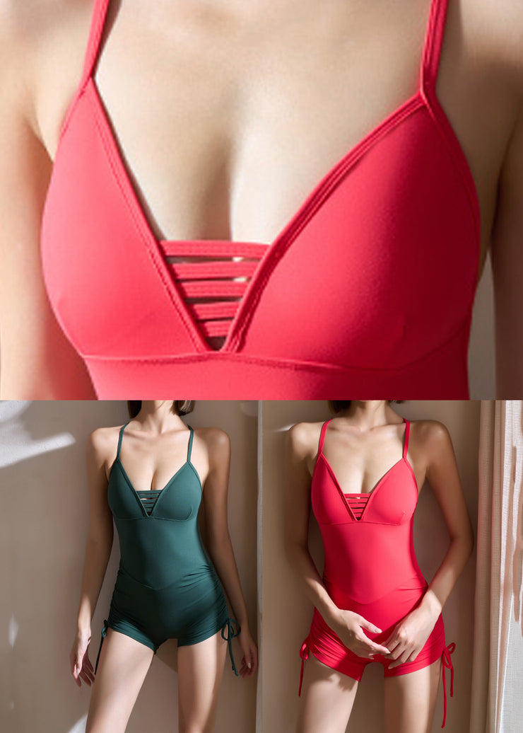 Modern Red Drawstring Hollow Out Modal Cotton One Piece Workout Suit