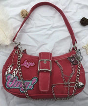 Modern Red Embroidery Chain Linked Faux Leather Satchel Handbag
