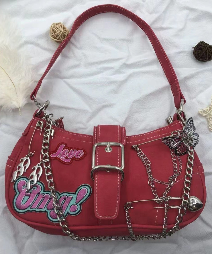 Modern Red Embroidery Chain Linked Faux Leather Satchel Handbag