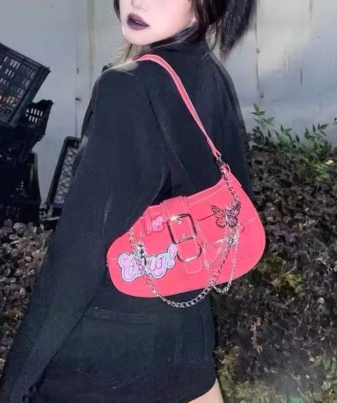 Modern Red Embroidery Chain Linked Faux Leather Satchel Handbag