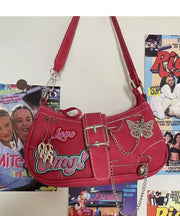 Modern Red Embroidery Chain Linked Faux Leather Satchel Handbag
