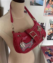 Modern Red Embroidery Chain Linked Faux Leather Satchel Handbag