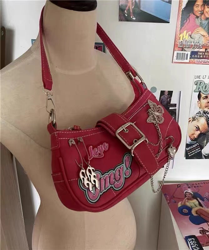 Modern Red Embroidery Chain Linked Faux Leather Satchel Handbag