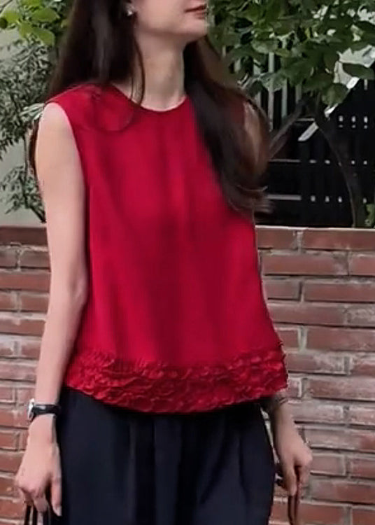 Modern Red Ruffled Cotton Tank Sleeveless