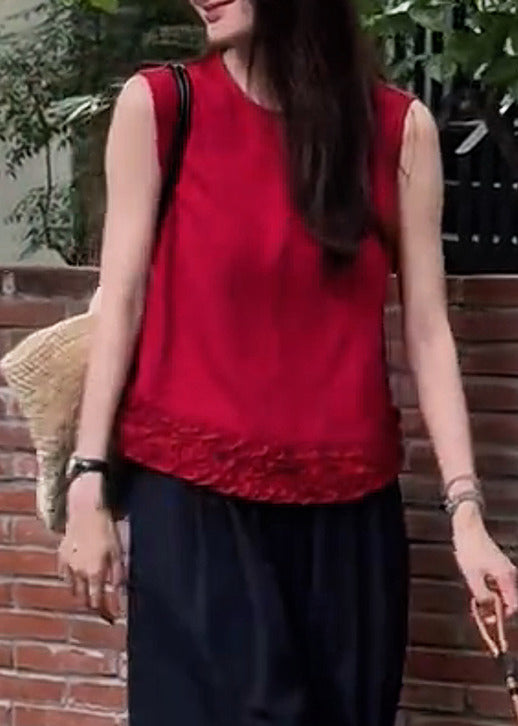 Modern Red Ruffled Cotton Tank Sleeveless