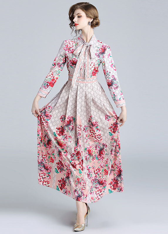 Modern Red Stand Collar Bow Print Chiffon Holiday Dress Fall