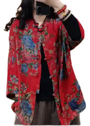 Modern Red Stand Collar Print  Button Pockets Cotton Coats Long Sleeve