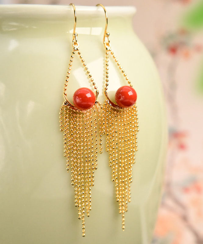 Modern Red Sterling Silver Overgild Agate Drop Earrings