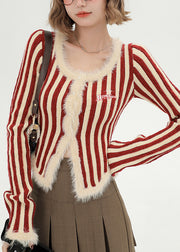 Modern Red Striped Patchwork Faux Fur Knit Coat Winter