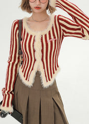 Modern Red Striped Patchwork Faux Fur Knit Coat Winter