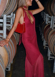 Modern Red V Neck Tulle Patchwork Tulle Long Dress Sleeveless