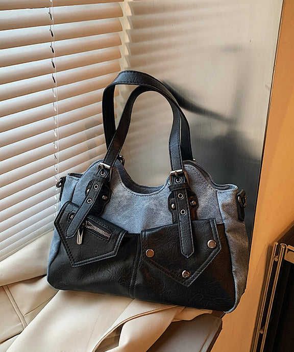 Modern Rivet Patchwork Pockets Faux Leather Satchel Handbag