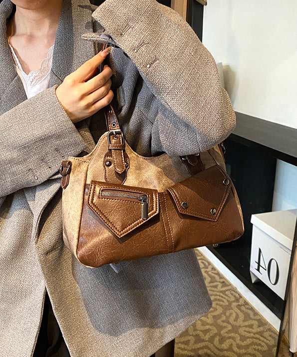 Modern Rivet Patchwork Pockets Faux Leather Satchel Handbag