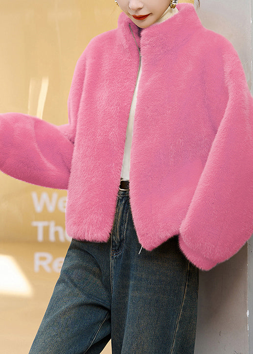 Modern Rose Stand Collar Warm Faux Mink Hair Coats Winter