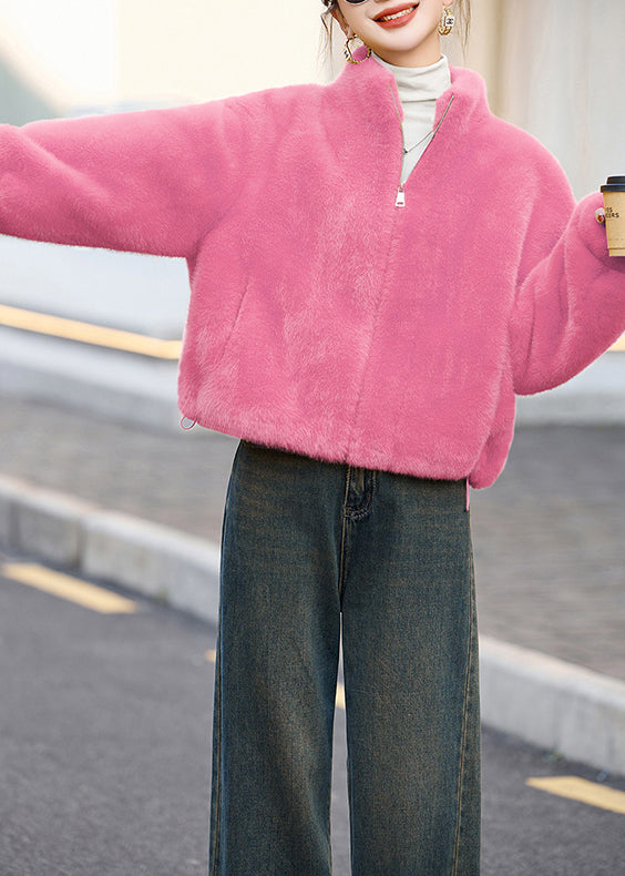 Modern Rose Stand Collar Warm Faux Mink Hair Coats Winter