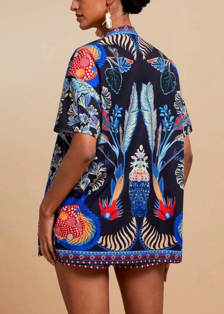 Modern Royal Blue V Neck Print Cardigans And Shorts Two Pieces Set Short Sleeve