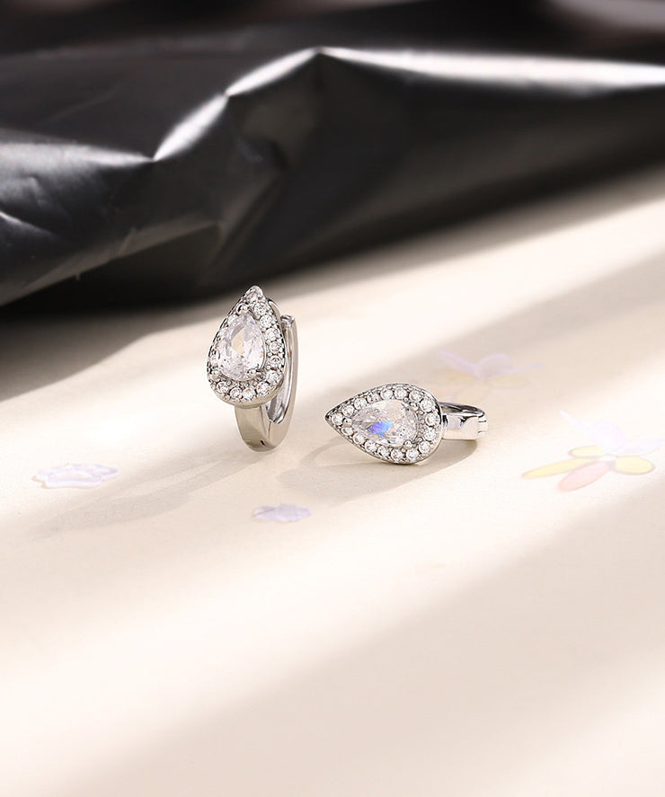 Modern Silk Sterling Silver Zircon Water Drop Hoop Earrings