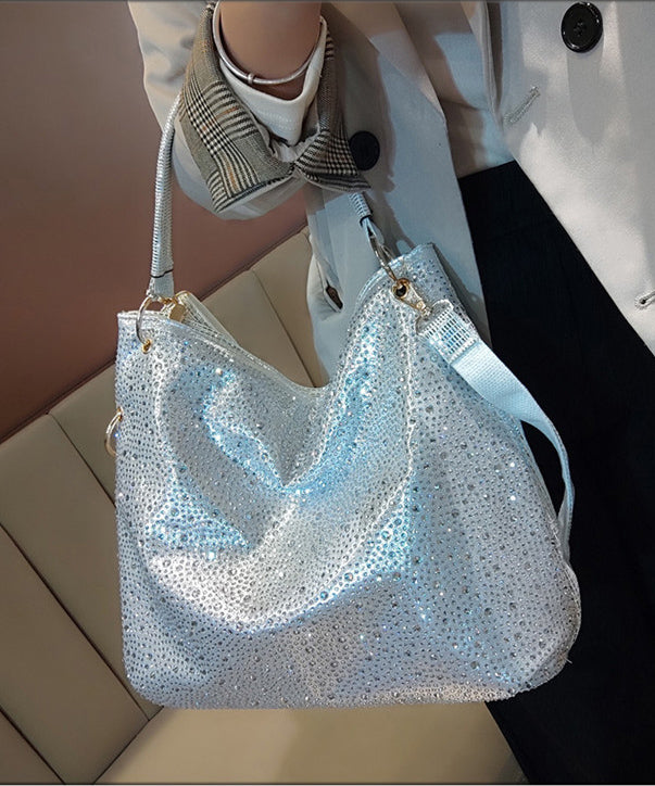 Modern Silvery Rhinestone Large Capacity Faux Leather Shoulder Bags