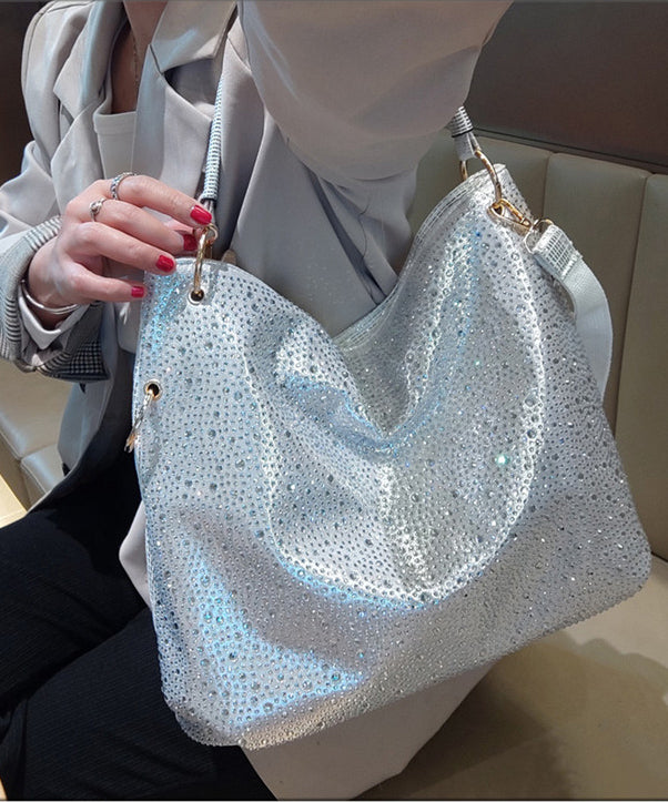 Modern Silvery Rhinestone Large Capacity Faux Leather Shoulder Bags