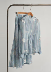 Modern Sky Blue Embroidered Floral Chiffon Two Piece Suit Set Fall