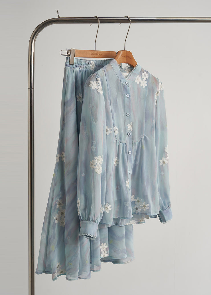 Modern Sky Blue Embroidered Floral Chiffon Two Piece Suit Set Fall