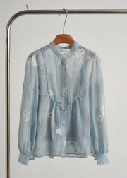 Modern Sky Blue Embroidered Floral Chiffon Two Piece Suit Set Fall