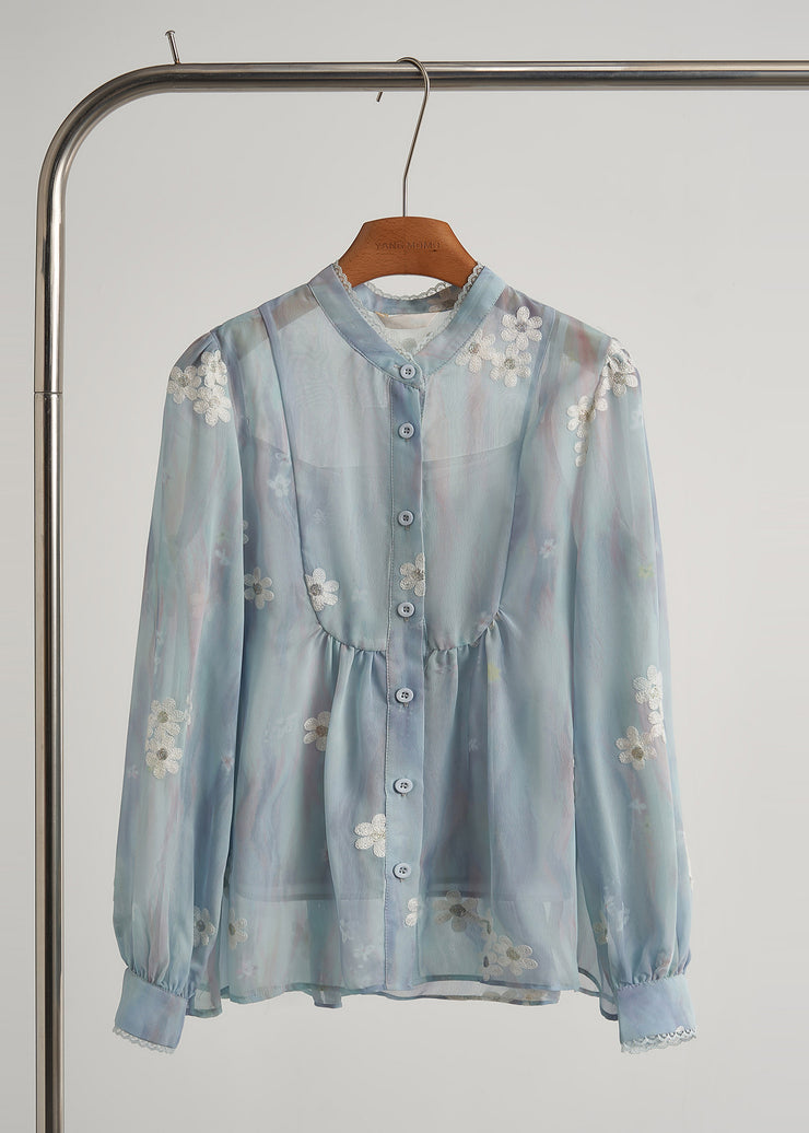 Modern Sky Blue Embroidered Floral Chiffon Two Piece Suit Set Fall