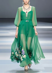 Modern Tea Green Print Chiffon Long Dress Bracelet Sleeve