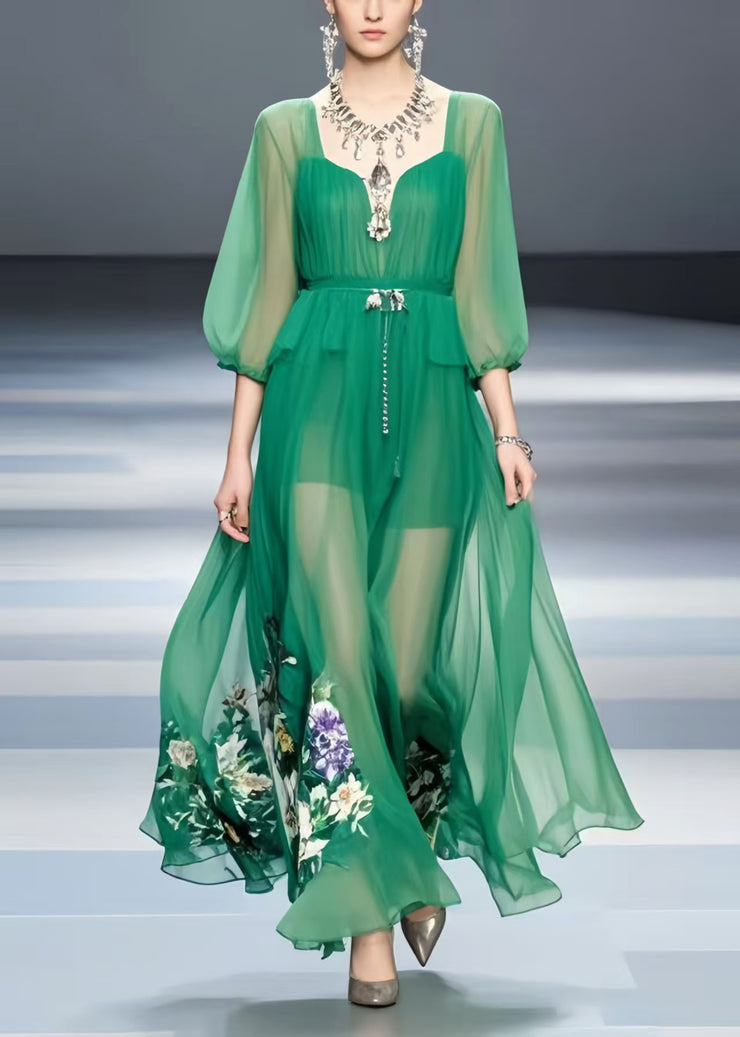 Modern Tea Green Print Chiffon Long Dress Bracelet Sleeve
