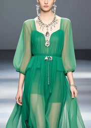 Modern Tea Green Print Chiffon Long Dress Bracelet Sleeve