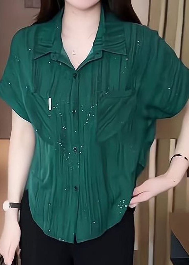 Modern Tea Green Sequins Chiffon Blouse Tops Summer
