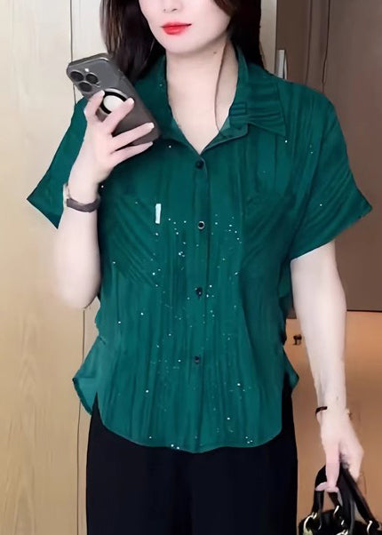Modern Tea Green Sequins Chiffon Blouse Tops Summer
