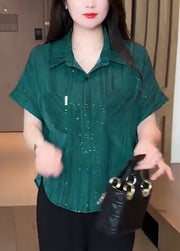Modern Tea Green Sequins Chiffon Blouse Tops Summer