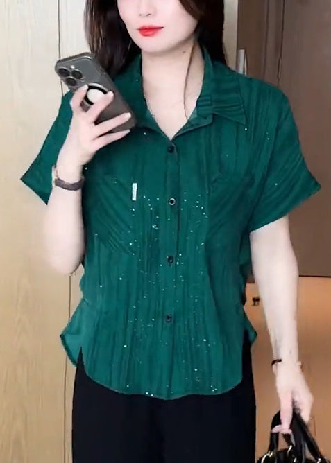 Modern Tea Green Sequins Chiffon Blouse Tops Summer