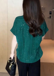 Modern Tea Green Sequins Chiffon Blouse Tops Summer